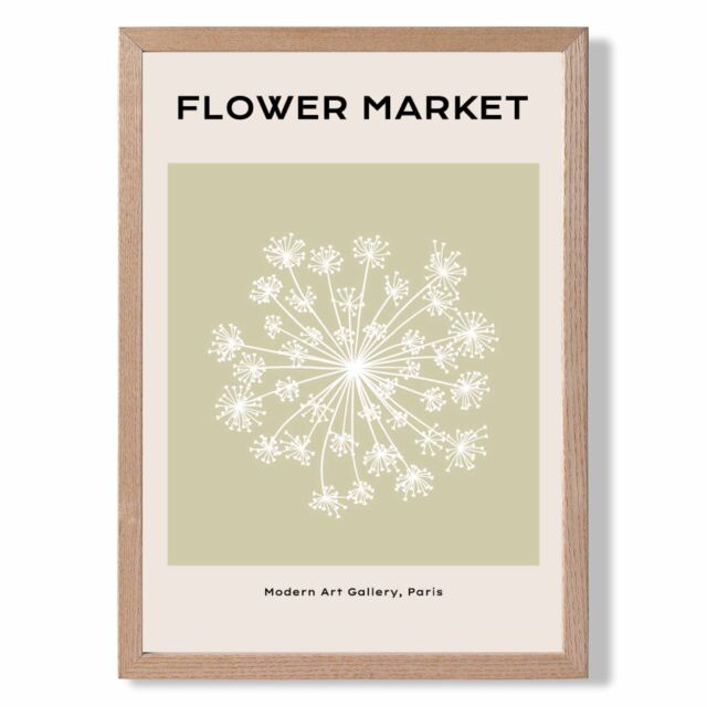 ARTZE Green & Beige Dandelion Flower Market Simplicity Framed Print SIZE: A4 with Oak Frame - Size: A3 - image 1