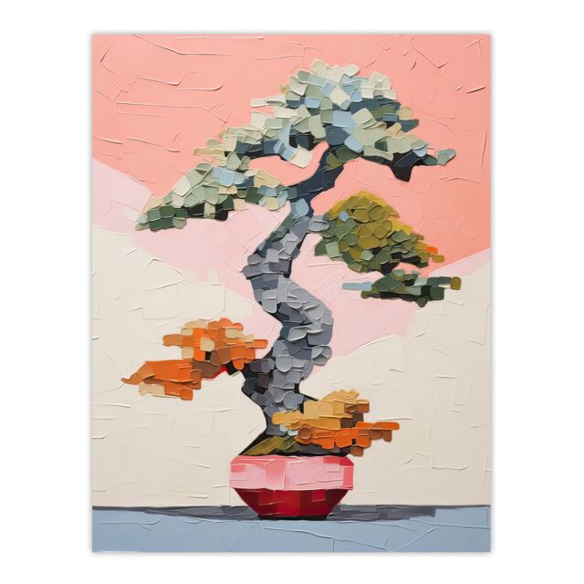 "Artery8 Wall Art Print Japanese Bonsai Tree Plant Pot Thick Palette Knife Oil Painting Poster in Pink - Size: W18"" x H24""" - image 1