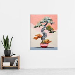 "Artery8 Wall Art Print Japanese Bonsai Tree Plant Pot Thick Palette Knife Oil Painting Poster in Pink - Size: W18"" x H24""" - thumbnail 4