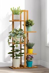 H&O Direct Rustic Wooden 5-Tiered Potted Plant Stand in Brown