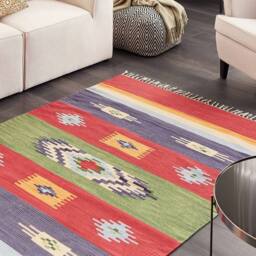 Wyld and Coco Kilim Handwoven Cotton Rug Multicolour Reversible Flat Weave Tassels - Size: 140 cm x 200 cm
