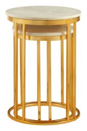 Orsina Set Of 2 Side Tables, White Marble Round Top With Gold Metal Base, Luxe Minimal Design For Living Room - thumbnail 4