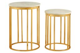 Orsina Set Of 2 Side Tables, White Marble Round Top With Gold Metal Base, Luxe Minimal Design For Living Room - thumbnail 2