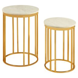 Orsina Set Of 2 Side Tables, White Marble Round Top With Gold Metal Base, Luxe Minimal Design For Living Room - thumbnail 3