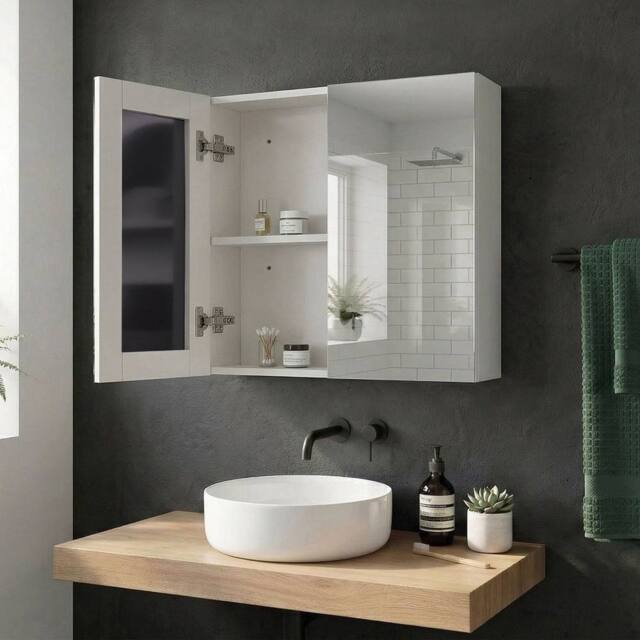 Wyld and Coco White Plywood Mirror 60 x 60 cm Wall Mounted 2 Doors Shelves - image 1