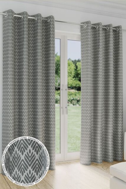 Enhanced Living 'Aspen' Grey Geometric Leaf Pattern Room Darkening - Pair of Thermal Curtains with Eyelet Header - Size: 117 cm width x 137 cm drop - image 1