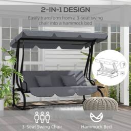 OUTSUNNY 2-in-1 Garden Swing Chair for 3 Person w/ 2 Pillows, Dark Grey - Size: 3 Seater - thumbnail 4