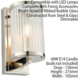 Loops 2 PACK Dimmable LED Wall Light Nickel & Ribbed Bubble Glass Shade Hanging Lamp in Metallics - thumbnail 3