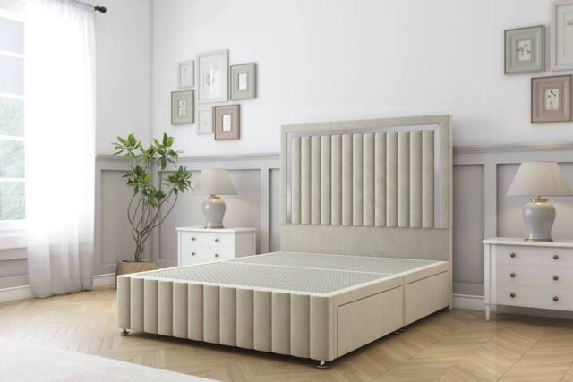 "Sloomy Boston Gold Plush Divan Base 4 Drawers - 54"" Headboard- Footboard in Cream - Size: Small Double" - image 1