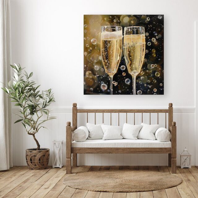 "Warren Reed - Designer Splashart Bubbly Champagne Flues Canvas in Yellow - Size: W30"" x H30""" - image 1