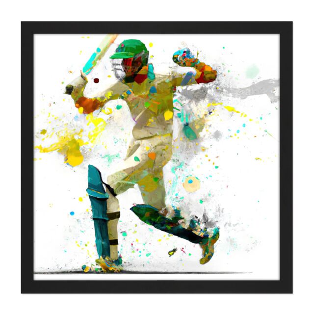 "Artery8 Wall Art Print Sports Cricket Batsman Motion Throw Splatter Oil Painting Square Framed Picture 16X16 Inch in Black - Size: W16"" x H16""" - image 1