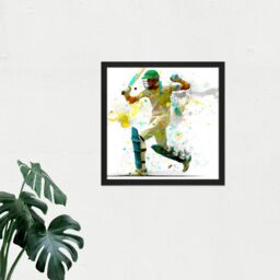 "Artery8 Wall Art Print Sports Cricket Batsman Motion Throw Splatter Oil Painting Square Framed Picture 16X16 Inch in Black - Size: W16"" x H16""" - thumbnail 2