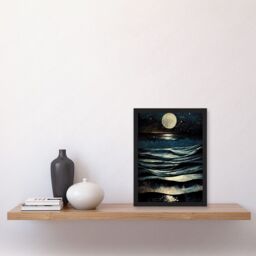Artery8 Full Moon Rising Over Clear Night Sky Tidal Waves Artwork Framed Wall Art Print A4 in Black - thumbnail 2