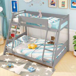 Costway 2-in-1 Single Over Double Bunk Bed Convertible Bed Frame w/ 2 Ladders in Grey - thumbnail 3