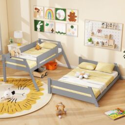 Costway 2-in-1 Single Over Double Bunk Bed Convertible Bed Frame w/ 2 Ladders in Grey - thumbnail 5