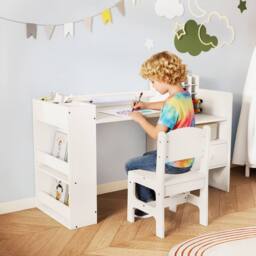Costway Kids Art Table & Chair Set Wooden Toddler Painting Study Desk in White - thumbnail 4