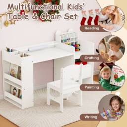 Costway Kids Art Table & Chair Set Wooden Toddler Painting Study Desk in White - thumbnail 9