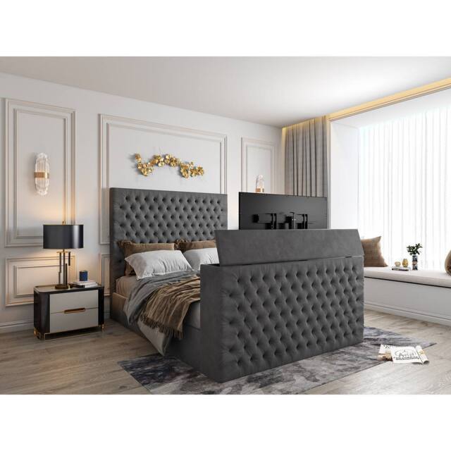 KDMD Capella Upholstered Soft Velvet Grey TV Bed Frame - Size: Single - image 1