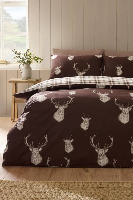Catherine Lansfield 'Stag Check' Reversible Duvet Cover Set in Chocolate - Size: Double - image 1