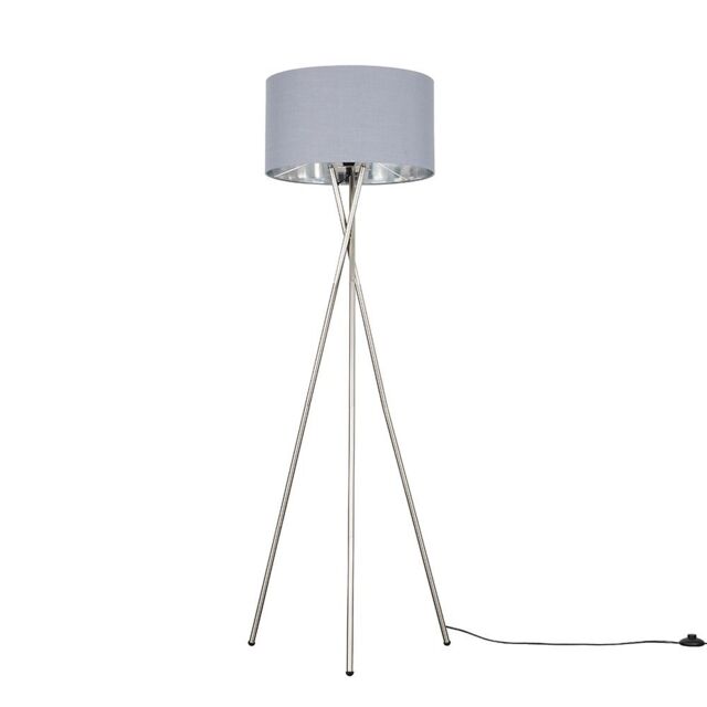 ValueLights Camden Grey & Metal Shade & Brushed Chrome Tripod Floor Lamp with Bulb in Metallic Silver - image 1