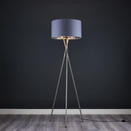 ValueLights Camden Grey & Metal Shade & Brushed Chrome Tripod Floor Lamp with Bulb in Metallic Silver - thumbnail 3