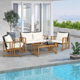 Costway 4 PCS Outdoor Patio Mix Brown Rattan Set PE Wicker Chair Table Set w/Cushions in White