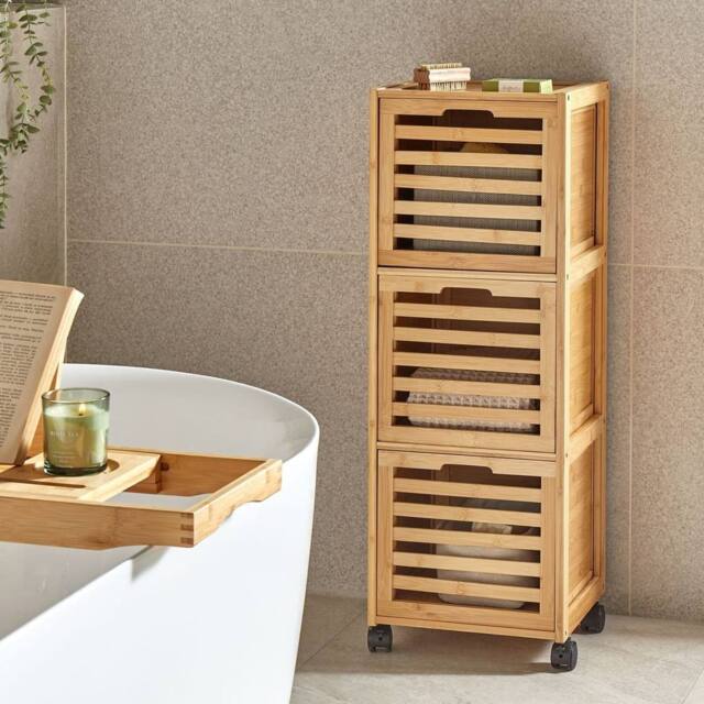 Wyld and Coco 3 Drawer Bamboo Bathroom Light Brown Easy Roll Rubber Wheels - image 1
