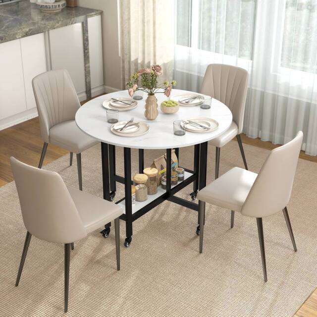 HOMCOM Folding Dining Table, Drop Leaf Table with Open Shelf, White Marble - Size: 100 cm x 100 cm - image 1