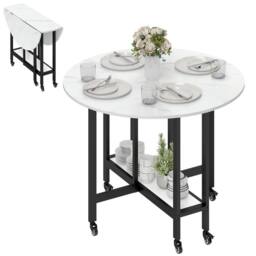 HOMCOM Folding Dining Table, Drop Leaf Table with Open Shelf, White Marble - Size: 100 cm x 100 cm - thumbnail 2