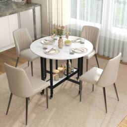HOMCOM Folding Dining Table, Drop Leaf Table with Open Shelf, White Marble - Size: 100 cm x 100 cm
