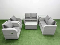 Fimous 6 Seater Outdoor Reclining Chair Love Sofa Set Rattan Garden Furniture Set with Rectangular Coffee Table Side Table Light Grey - thumbnail 2