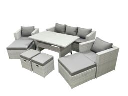 Fimous Rattan Garden Furniture Set Outdoor 9 Seater Patio Dining Sets with Glass Top Dining Table Light Grey Mixed - thumbnail 2