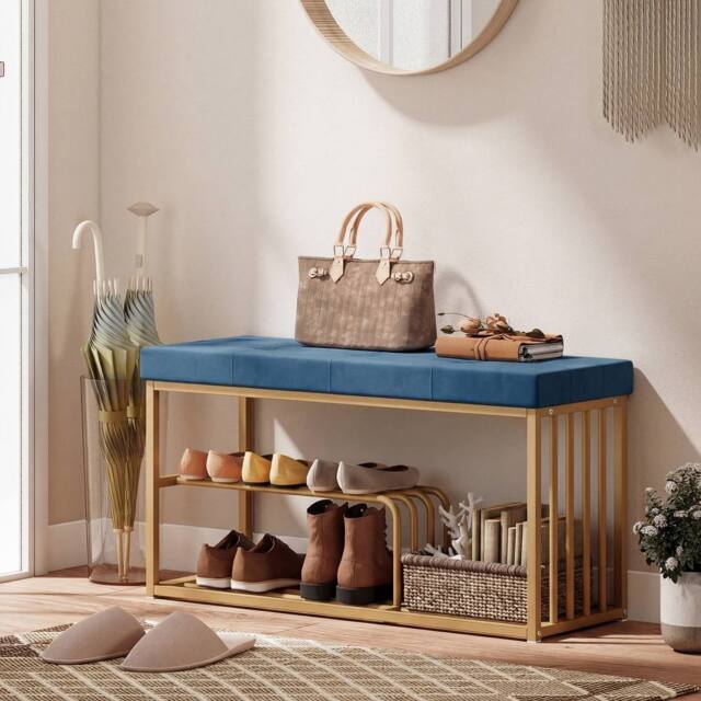 HOMCOM Shoe Storage Bench with Seat Cushion Tufted Shoe Rack Bench in Dark Blue - image 1