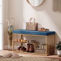 HOMCOM Shoe Storage Bench with Seat Cushion Tufted Shoe Rack Bench in Dark Blue - thumbnail 1