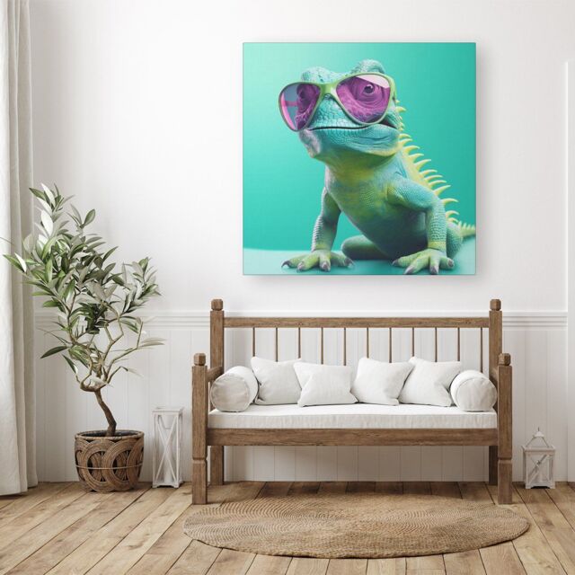 "Warren Reed - Designer Happy Splashart Iguana Wearing Glasses Canvas - Size: W30"" x H30""" - image 1