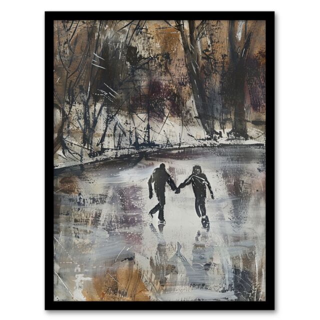 "Artery8 Skaters on Frozen Lake Artwork Winter Dark Ice Framed Art Print in Grey - Size: W12"" x H16""" - image 1