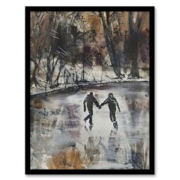 "Artery8 Skaters on Frozen Lake Artwork Winter Dark Ice Framed Art Print in Grey - Size: W12"" x H16""" - thumbnail 1