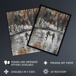 "Artery8 Skaters on Frozen Lake Artwork Winter Dark Ice Framed Art Print in Grey - Size: W12"" x H16""" - thumbnail 2