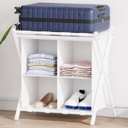 Huhote Metal Luggage Rack with Storage Shelf Suitcase stand Home 2 Set in White - thumbnail 3