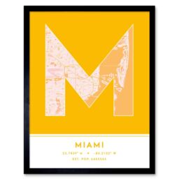 "Wee Blue Coo Wall Art Print Miami Florida United States City Map Modern Typography Stylish Letter Framed Word in Yellow - Size: W12"" x H16""" - thumbnail 1