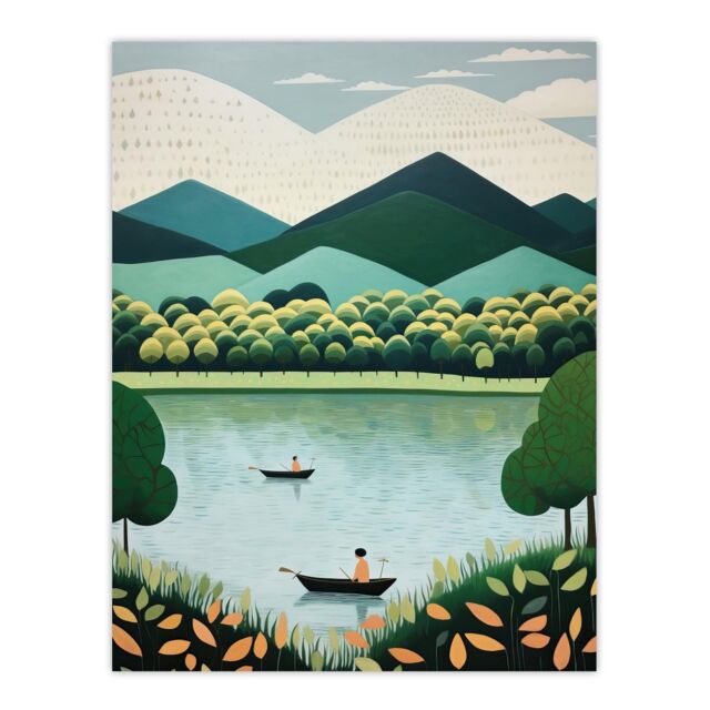 "Wee Blue Coo Wall Art Print The Boating Lake Scenic Boat Ride in Tranquil Waters Teal Green Orange Stylised Oil Painting Poster - Size: W18"" x H24""" - image 1