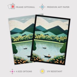 "Wee Blue Coo Wall Art Print The Boating Lake Scenic Boat Ride in Tranquil Waters Teal Green Orange Stylised Oil Painting Poster - Size: W18"" x H24""" - thumbnail 2