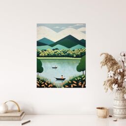 "Wee Blue Coo Wall Art Print The Boating Lake Scenic Boat Ride in Tranquil Waters Teal Green Orange Stylised Oil Painting Poster - Size: W18"" x H24""" - thumbnail 4