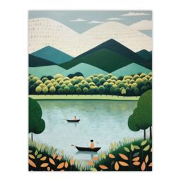 "Wee Blue Coo Wall Art Print The Boating Lake Scenic Boat Ride in Tranquil Waters Teal Green Orange Stylised Oil Painting Poster - Size: W18"" x H24""" - thumbnail 1