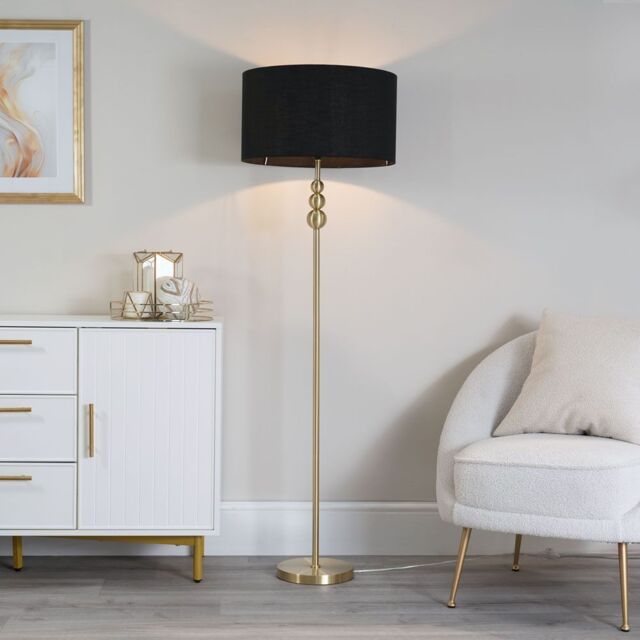 ValueLights Marissa Fabric Drum Shade with Brushed Gold Stacked Ball Floor Lamp in Black - image 1