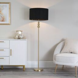 ValueLights Marissa Fabric Drum Shade with Brushed Gold Stacked Ball Floor Lamp in Black - thumbnail 1