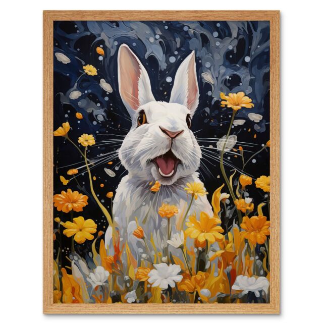 Artery8 Wall Art Print Moonlit White Rabbit Oil Painting Playing with Yellow Spring Flowers Mischief at Night Kids Bedroom Artwork Art Framed - image 1