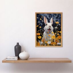 Artery8 Wall Art Print Moonlit White Rabbit Oil Painting Playing with Yellow Spring Flowers Mischief at Night Kids Bedroom Artwork Art Framed - thumbnail 2