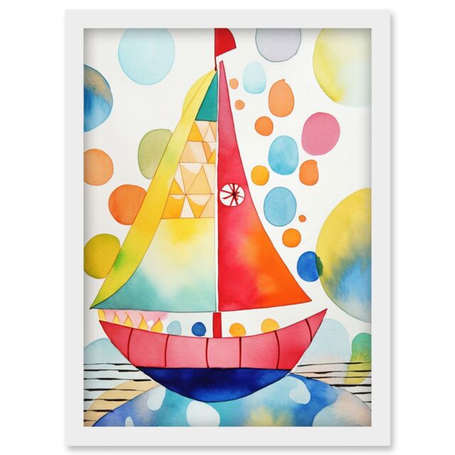 Artery8 Sailboat At Sunset Folk Art Artwork Framed Wall Art Print A4 in White - image 1