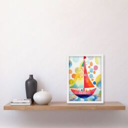 Artery8 Sailboat At Sunset Folk Art Artwork Framed Wall Art Print A4 in White - thumbnail 2